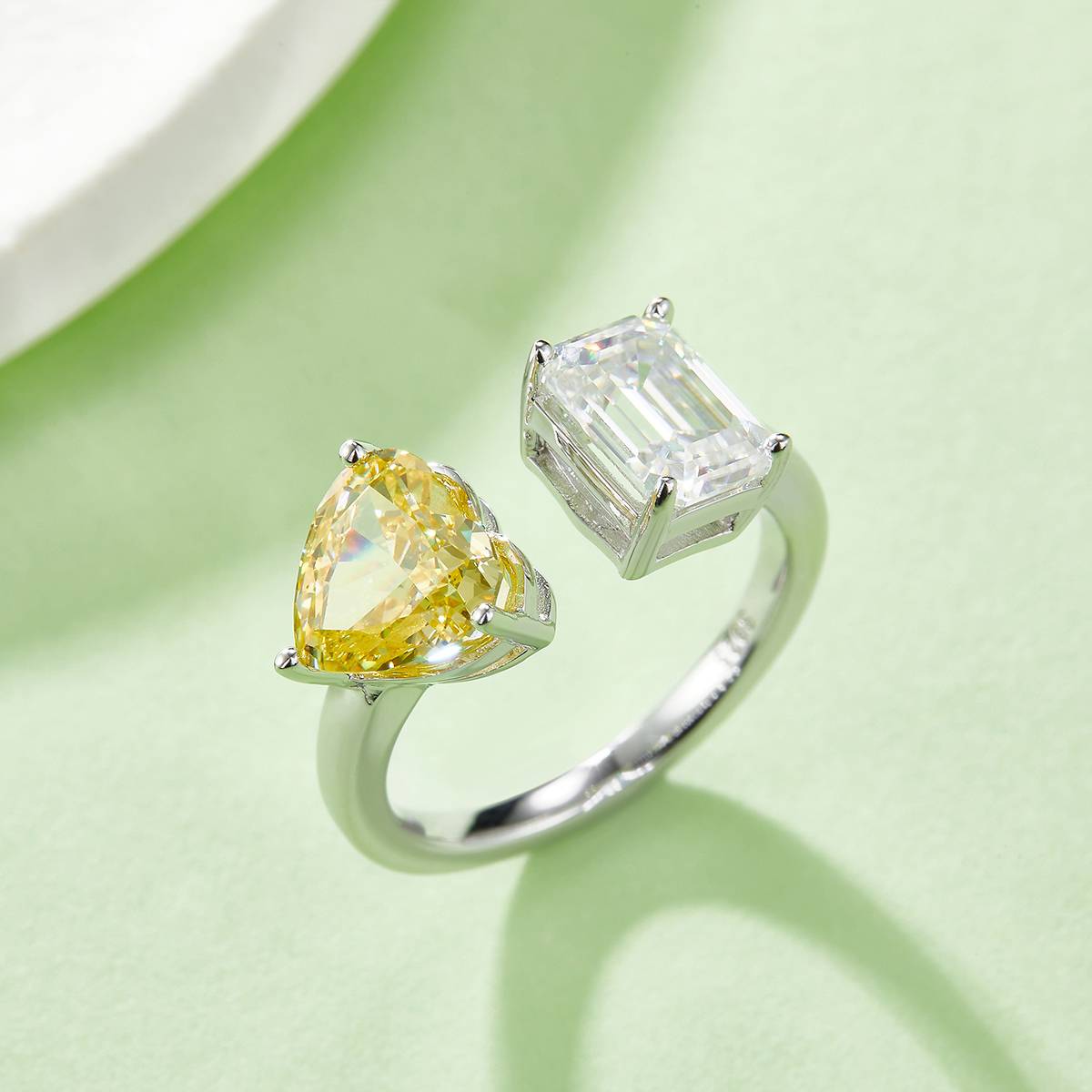 Heart Ice Flower Cut AND Rectangular Moissanite 925 Silver Plated Platinum Women's Ring 2 Carat D-Class